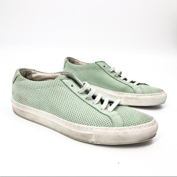 Common Projects Shoes - Woman By Common Projects Achilles Low Perforated Mint Green Nubuck Sneakers 7.5